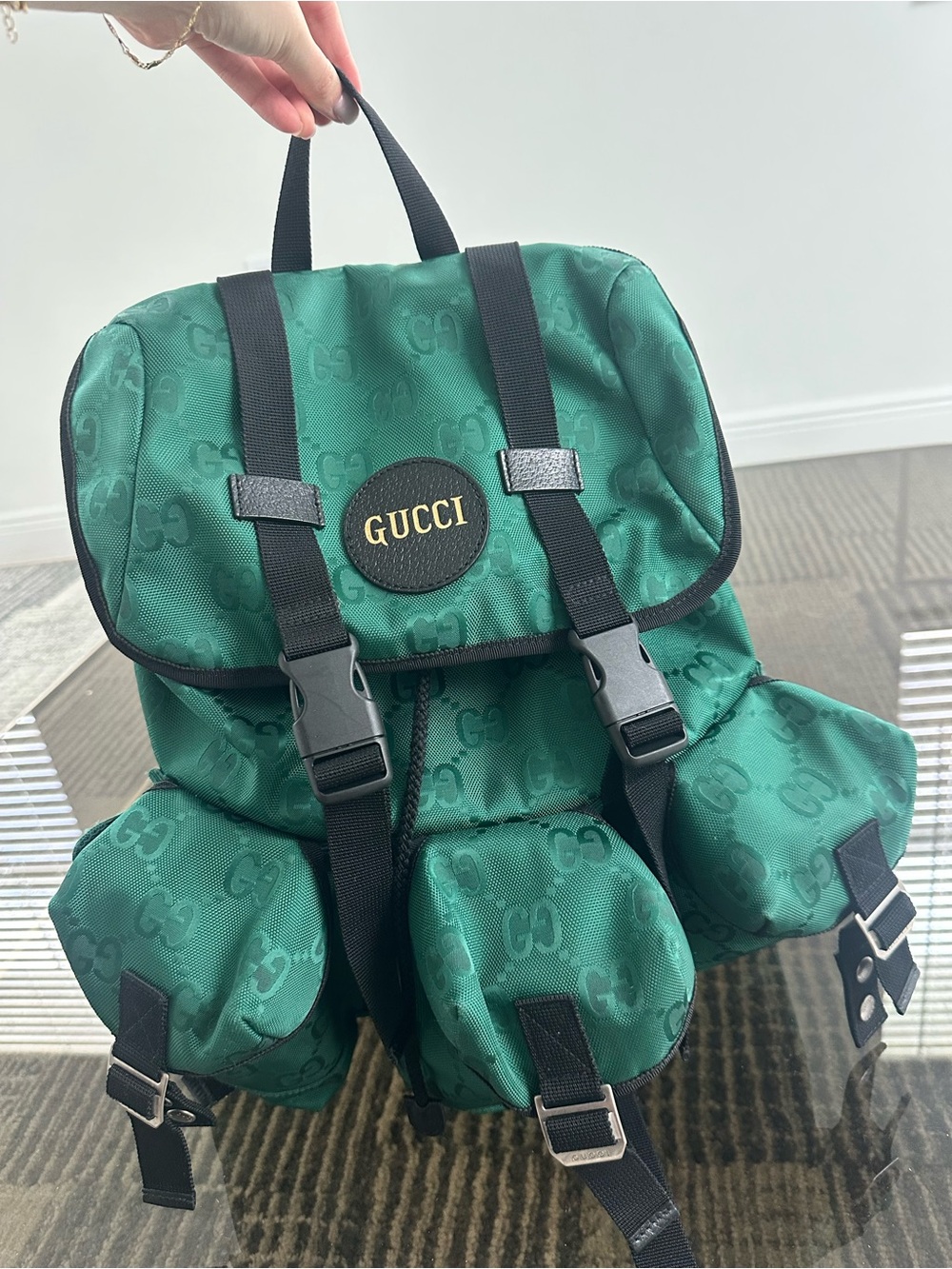Gucci Green Monogram Backpack with Black Straps